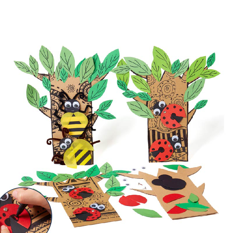 儿童手工diy纸质春天大树与昆虫蜜蜂瓢虫幼儿园创意涂色粘贴画