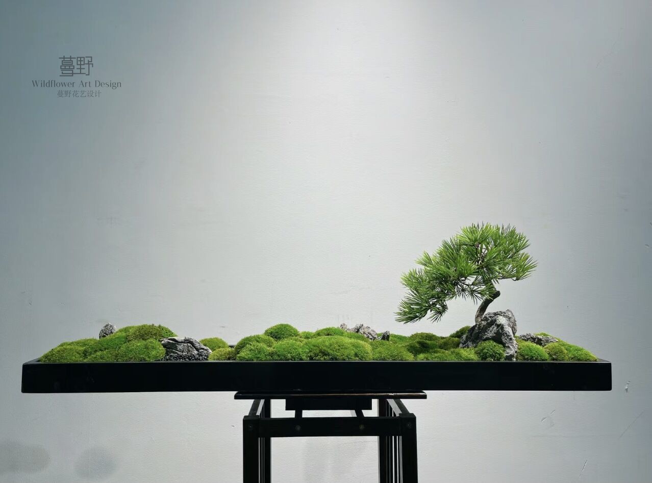 新中式微景观枯山水庭院造景摆件 永生苔藓盆景青龙石迎客松酒店