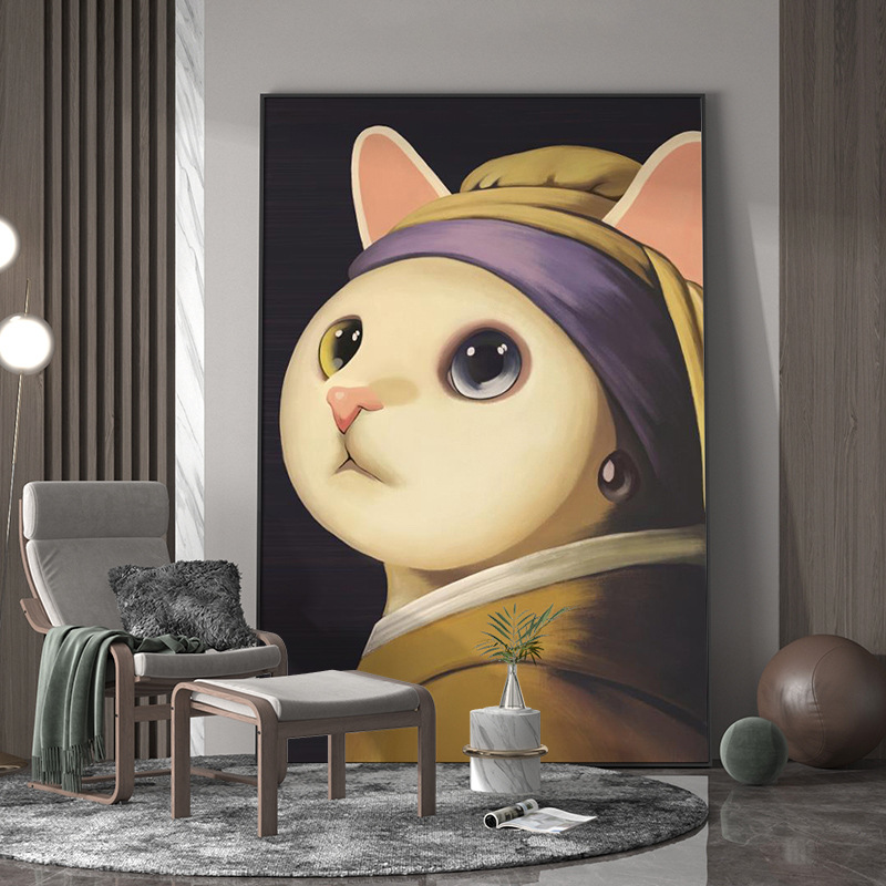 现代轻奢客厅玄关装饰画戴珍珠耳环的少女动物猫背景墙壁竖版挂画