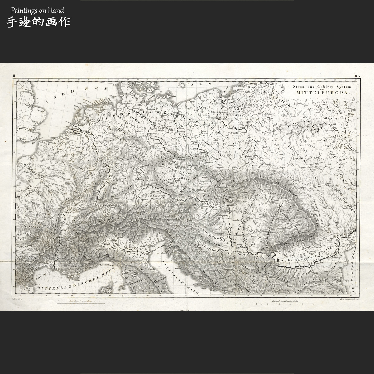 德国1849年古董雕版铜版画Vintage科学地理地图艺术/中欧山脉水域