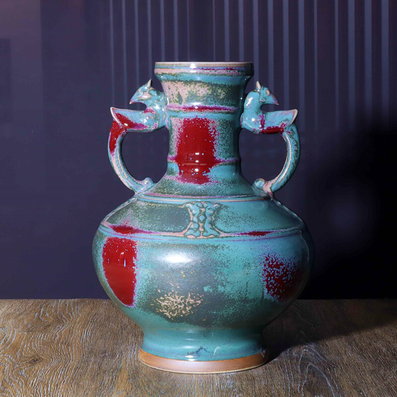新款禹州钧瓷中式仿古花瓶青铜器样式绿色陶瓷樽摆件钧窑炉钧釉和