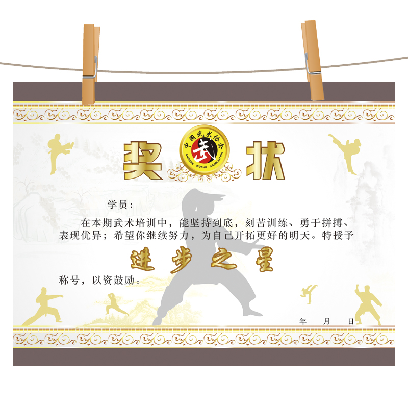 武术奖状学员进步之星功夫少年比赛跆拳道证书定做搏击散打印