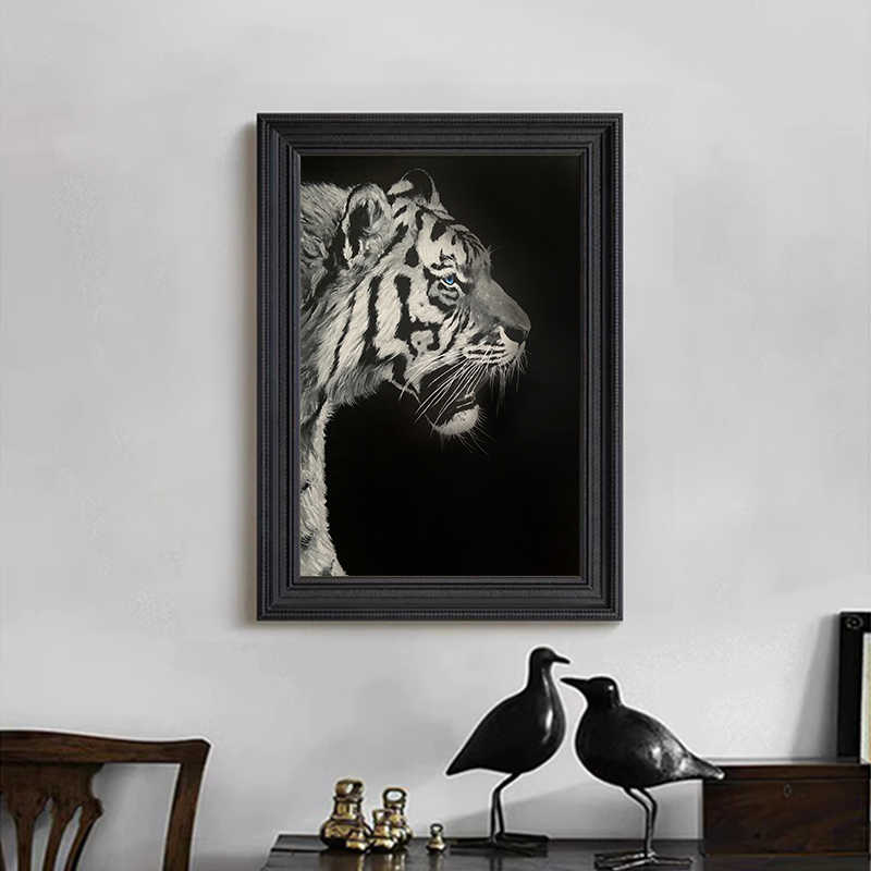 新中式纯手绘油画黑白动物客厅装饰挂画虎虎生威吉祥玄关桌面摆件
