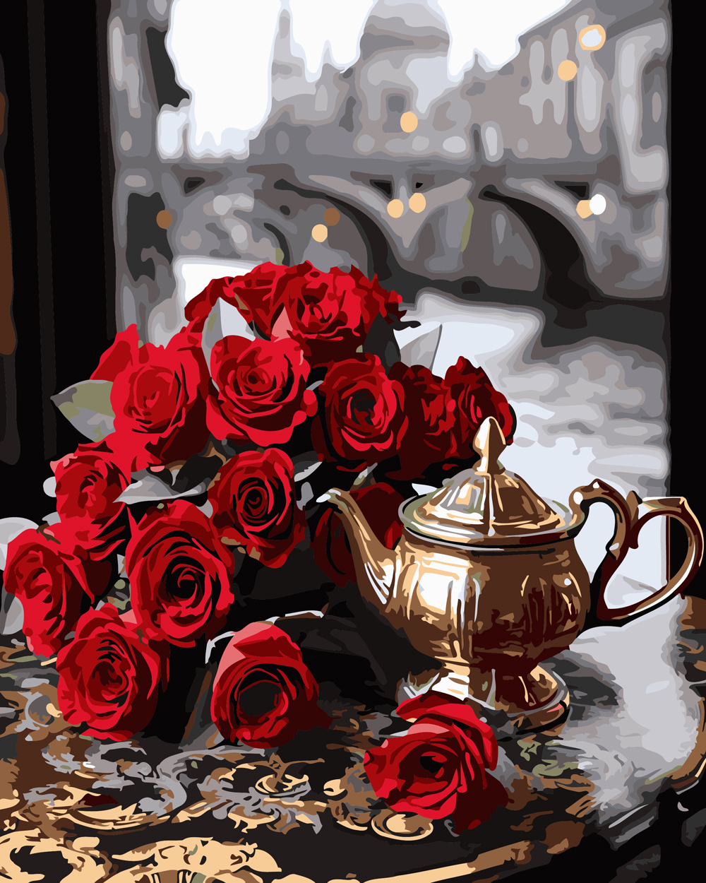 DIY数字油画自己填色盛开的红玫瑰莲荷花黑白红蔷薇家居装饰新款