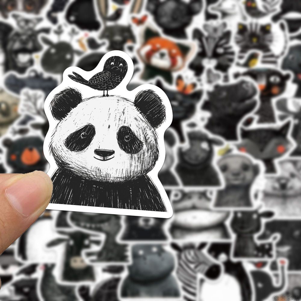 100张黑白极简线条动物贴纸可爱涂鸦手绘铅笔画素描手账手机壳笔记本电脑平板装饰防水贴画