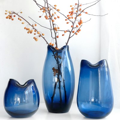 北欧现代造型简约透明玻璃花瓶花器插花高档摆件板房家居灰蓝烟灰