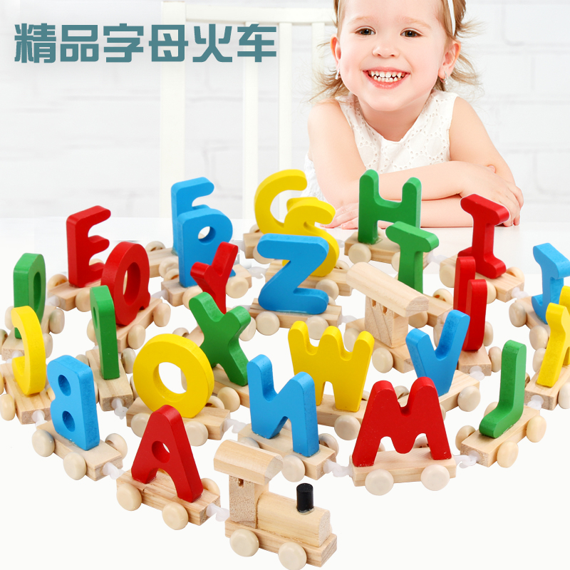 幼儿童学数字小火车木头拼装认知字母木质积木早教益智拖拉玩具车