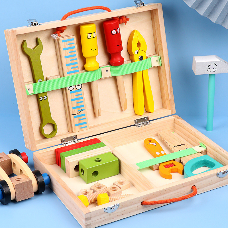 木制儿童手提工具箱DIY卡通多功能拆装螺母组合过家家 益智玩具
