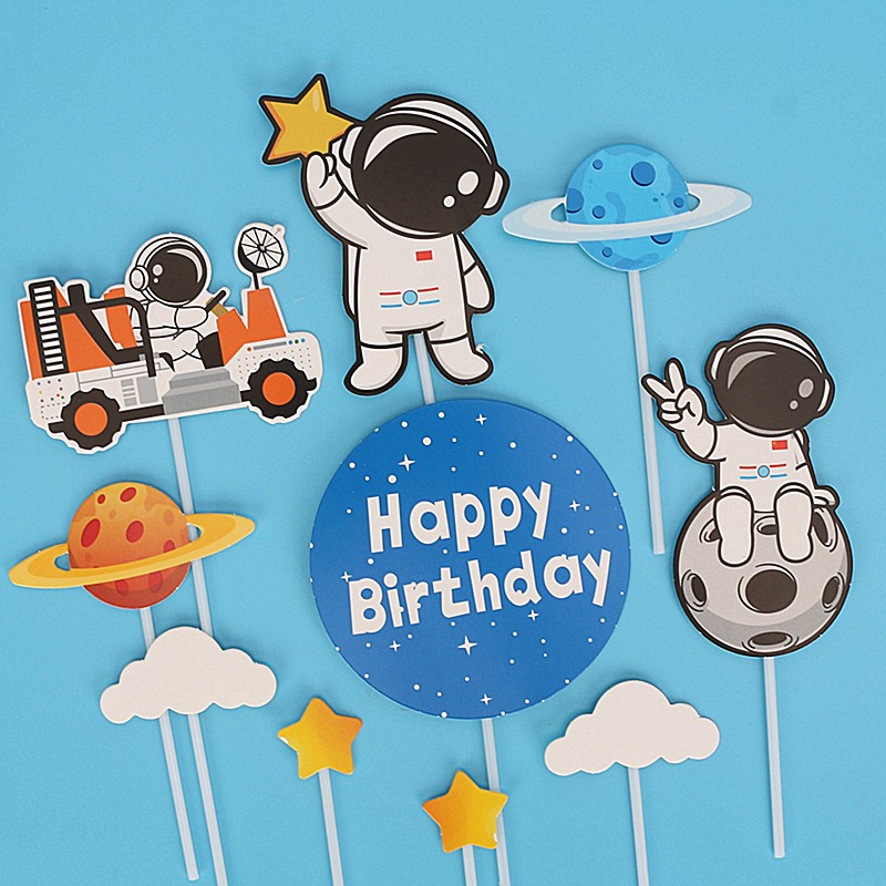 宇航员生日蛋糕摆件装饰星星宇宙星球航天器插件太阳云朵卡通套装