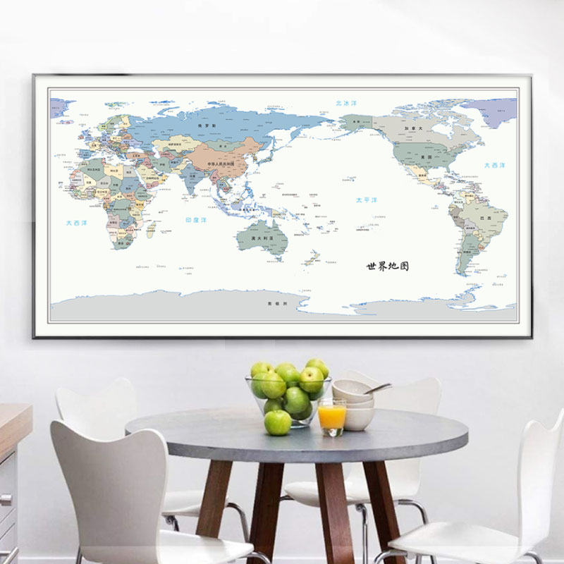 世界地图中文附国旗简洁淡雅字字清晰家庭办公室装饰画油画布画芯