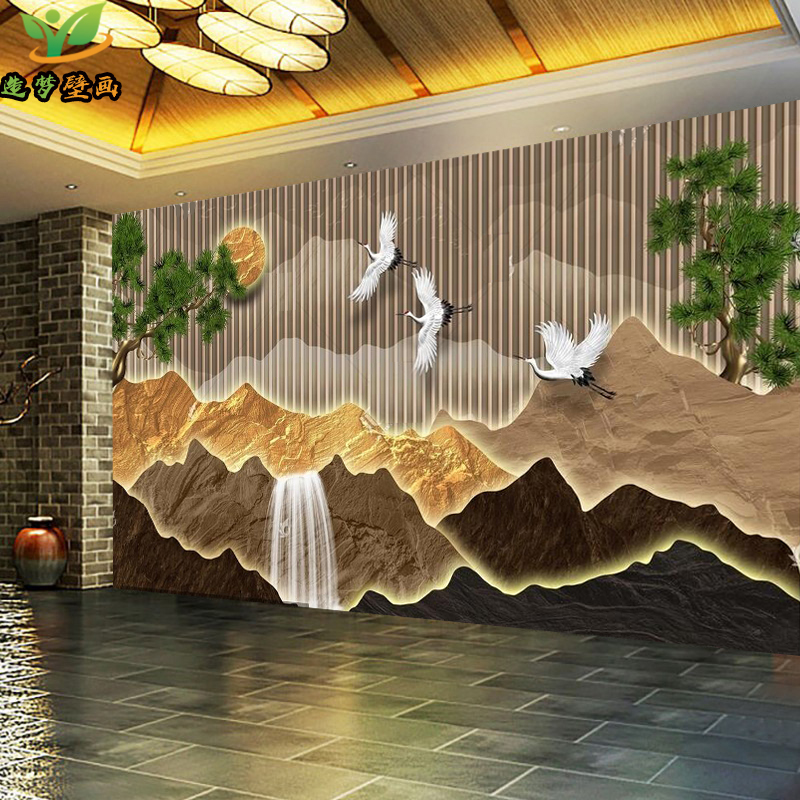 8D新中式客厅茶室山水画墙布饭店大厅壁纸办公室酒楼餐厅装修壁画