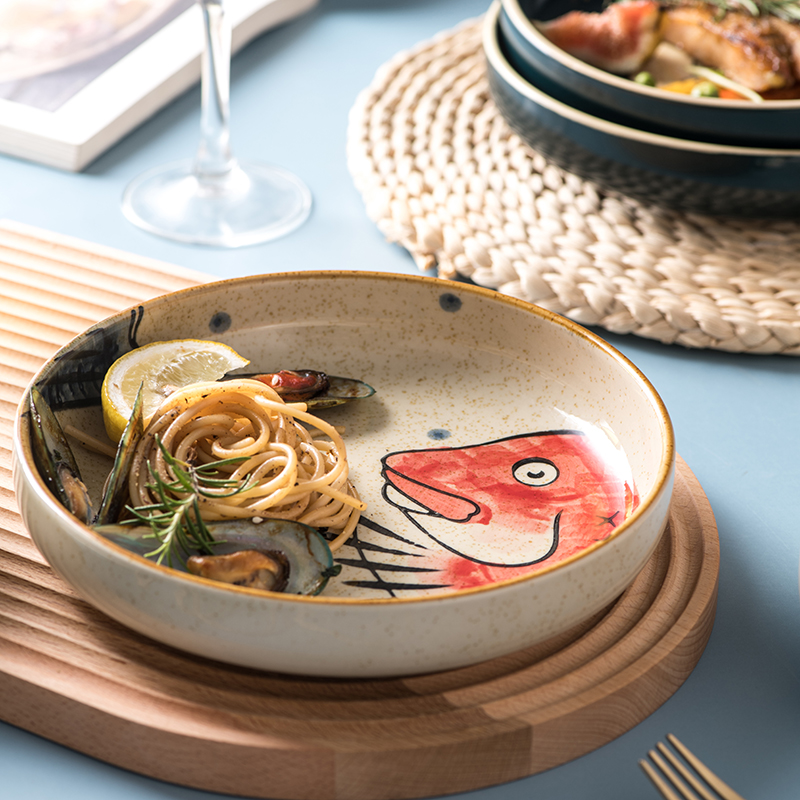 可爱大盘子深盘陶瓷西餐汤盘家用好看创意个性手绘鱼头盘碟子菜盘