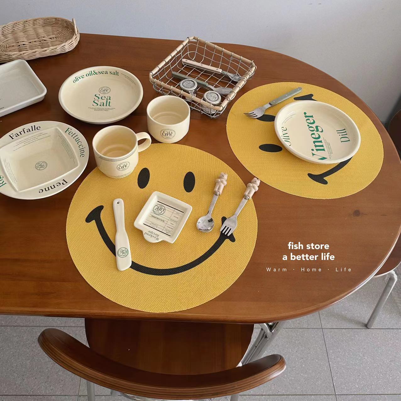*Fish store*黄色笑脸餐垫pvc编织垫可清洗儿童碗垫桌垫