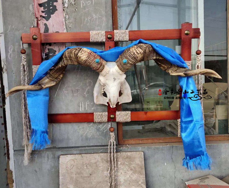 蒙古餐厅装饰木架镶钻羊头骨标本天然真羊头工艺品羊头骨挂饰摆件