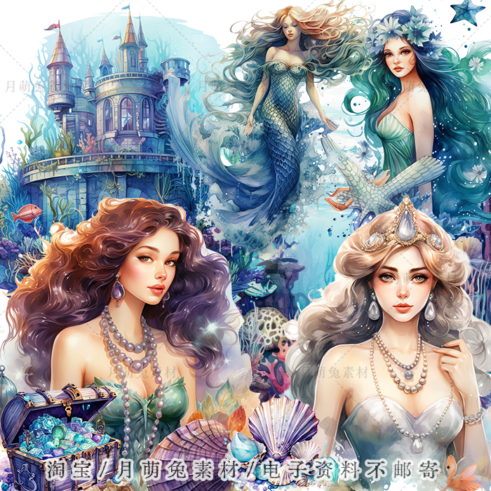 水彩神秘海底城堡美人鱼公主插画海报装饰剪贴画手账png设计素材