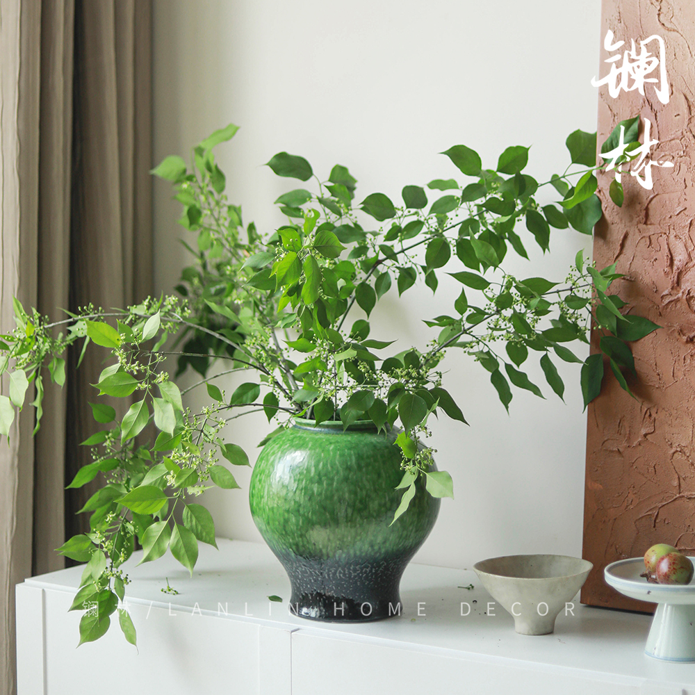 中式禅意创意中古陶瓷花瓶插花绿色茶室客厅装饰摆件鲜花水培陶罐