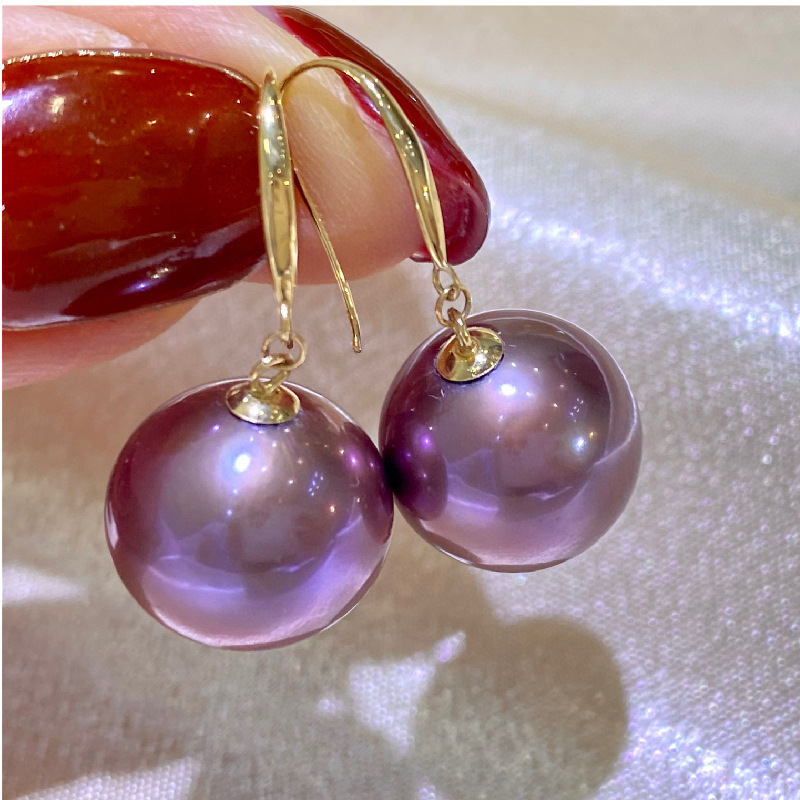 G18k金天然爱迪紫珍珠耳环 9～10mm 皮光细腻 圆润饱满 优雅大方