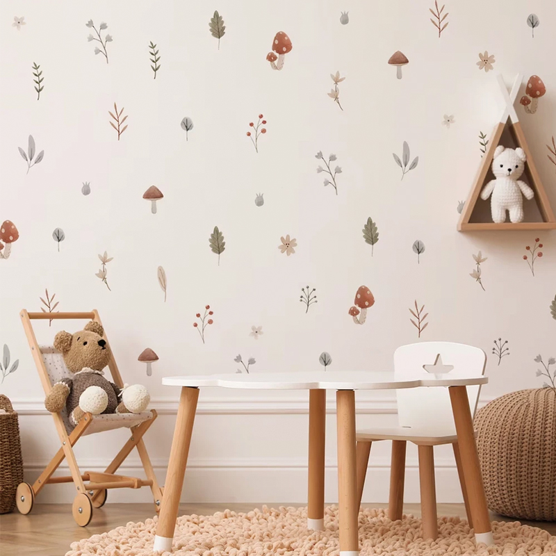 北欧ins儿童房叶子卧室装饰蘑菇贴纸可爱幼儿园自粘墙贴纸贴画