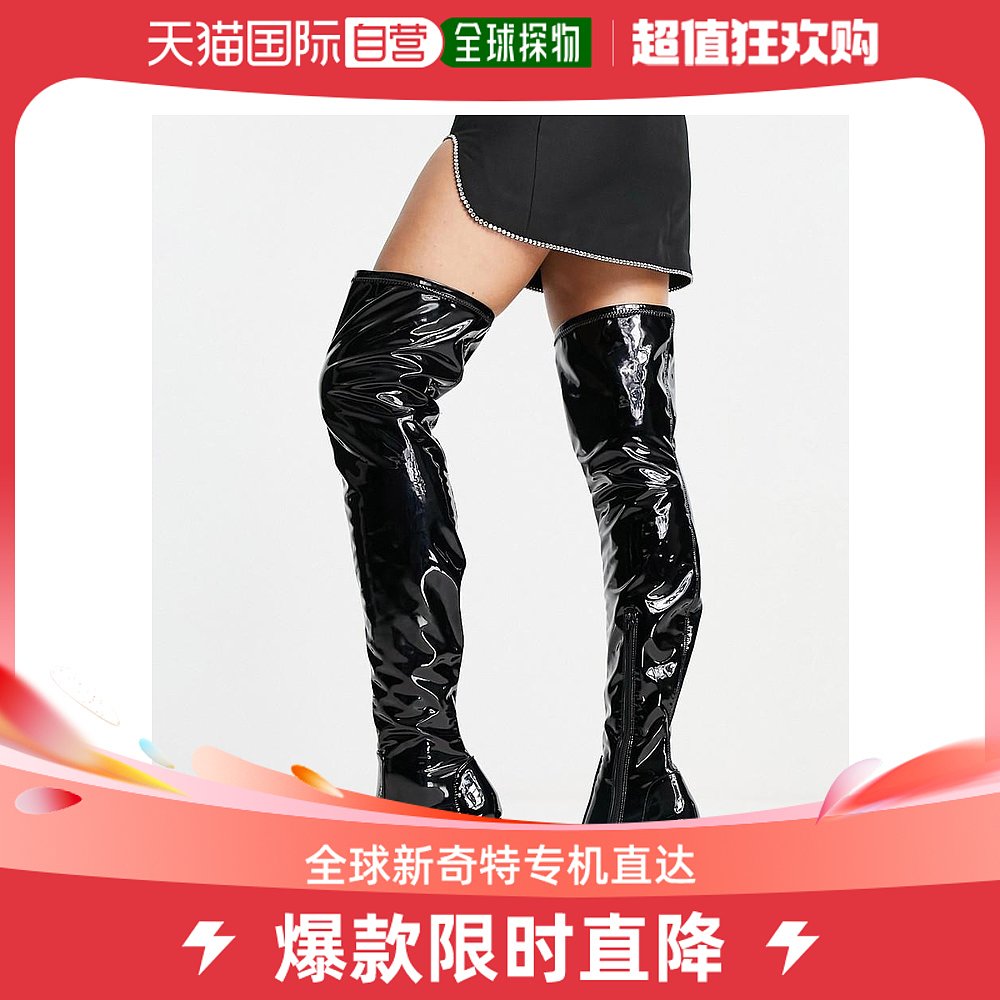 香港直邮潮奢 ASOS 女士Kansas 设计高跟西部风格及膝漆皮靴子(黑