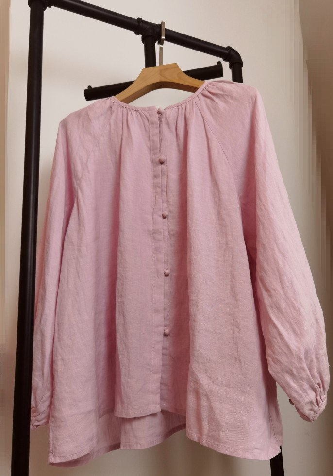 法式灯笼袖小衫粉色法国纯亚麻色织开衫外套衬衫