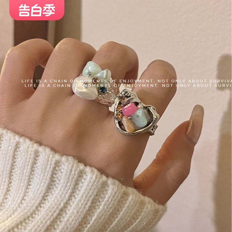国潮手工天然石串珠金属质感彩色戒指新中式珍珠开口叠戴指环戒子