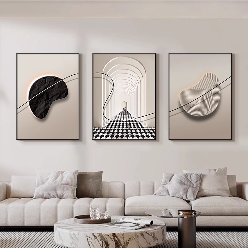 抽象线条客厅装饰画沙发背景墙挂画高级空间感三联画壁画现代简约