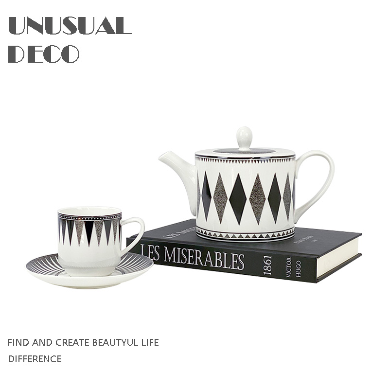 欧式现代简约黑白几何菱形图案茶具茶杯茶壶摆件样板房售楼处饰品