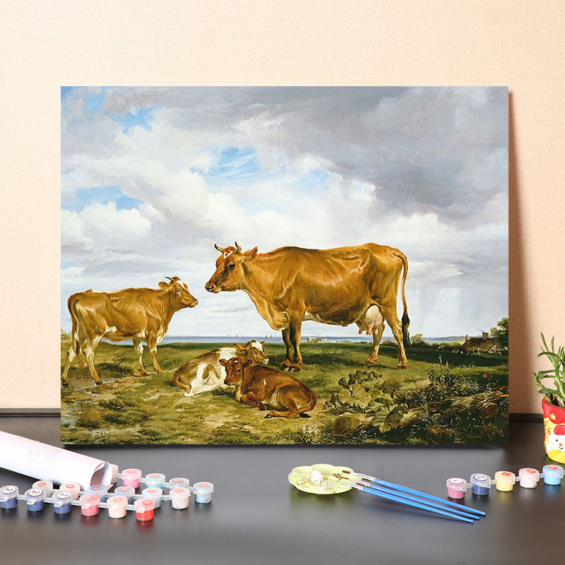 数字油画DIY风景油画牧场牛羊装饰画客厅卧室手绘涂鸦世界名画