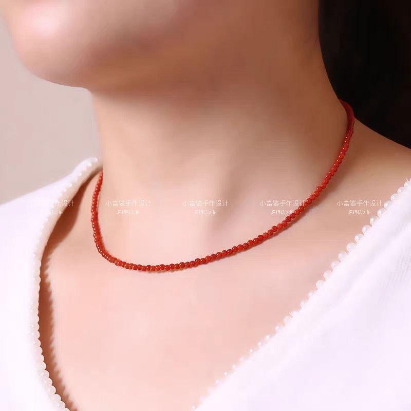 中国红2m特级南红色柿子玛瑙锁骨链女极细项链国潮颈链本命年礼物