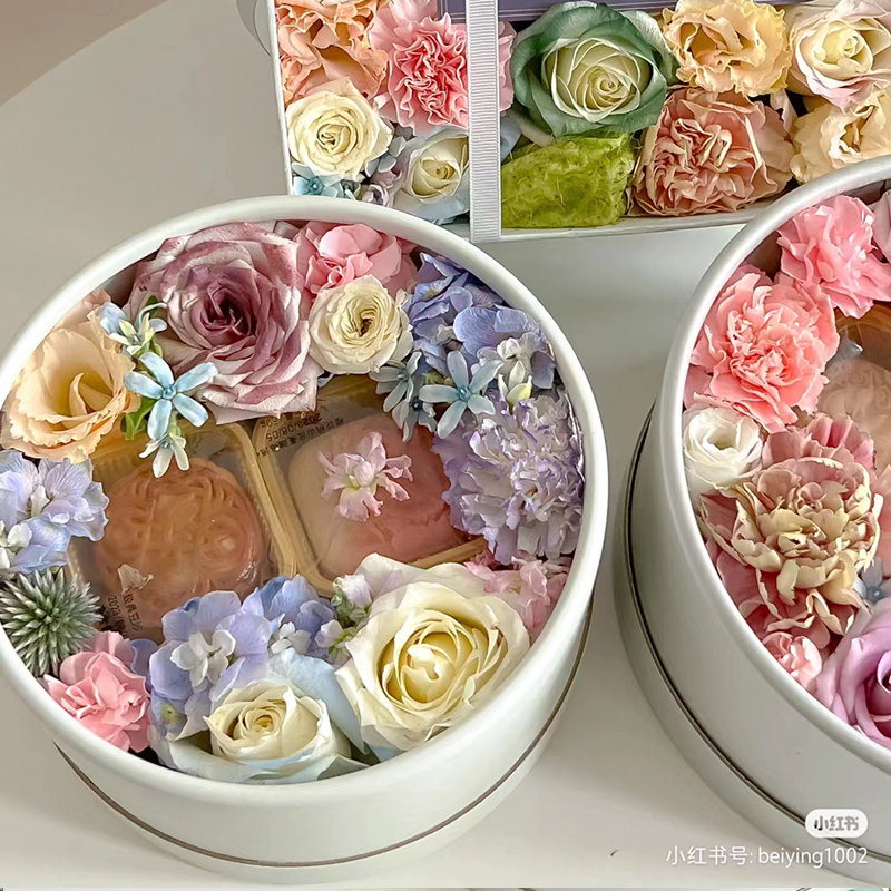 中秋节鲜花月饼圆形素色花盒提礼盒创意伴手礼花店花艺包装空盒