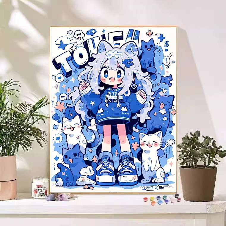 数字油画diy卡通猫咪女孩动漫手工填色手绘向日葵客厅花卉装饰画