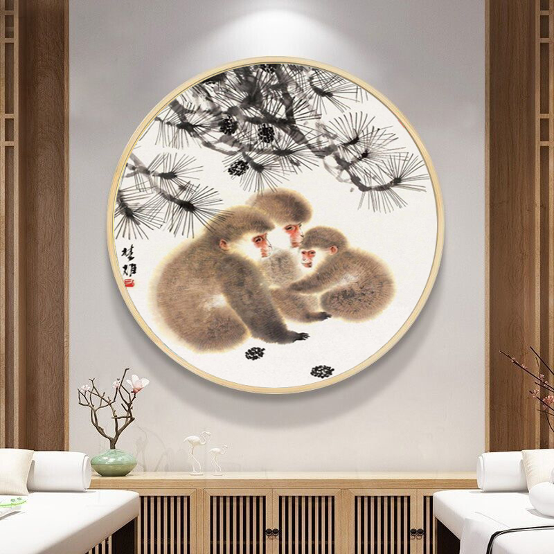 新中式猴子玄关圆形装饰画国画十二生肖挂画猴子画风水画书房壁画