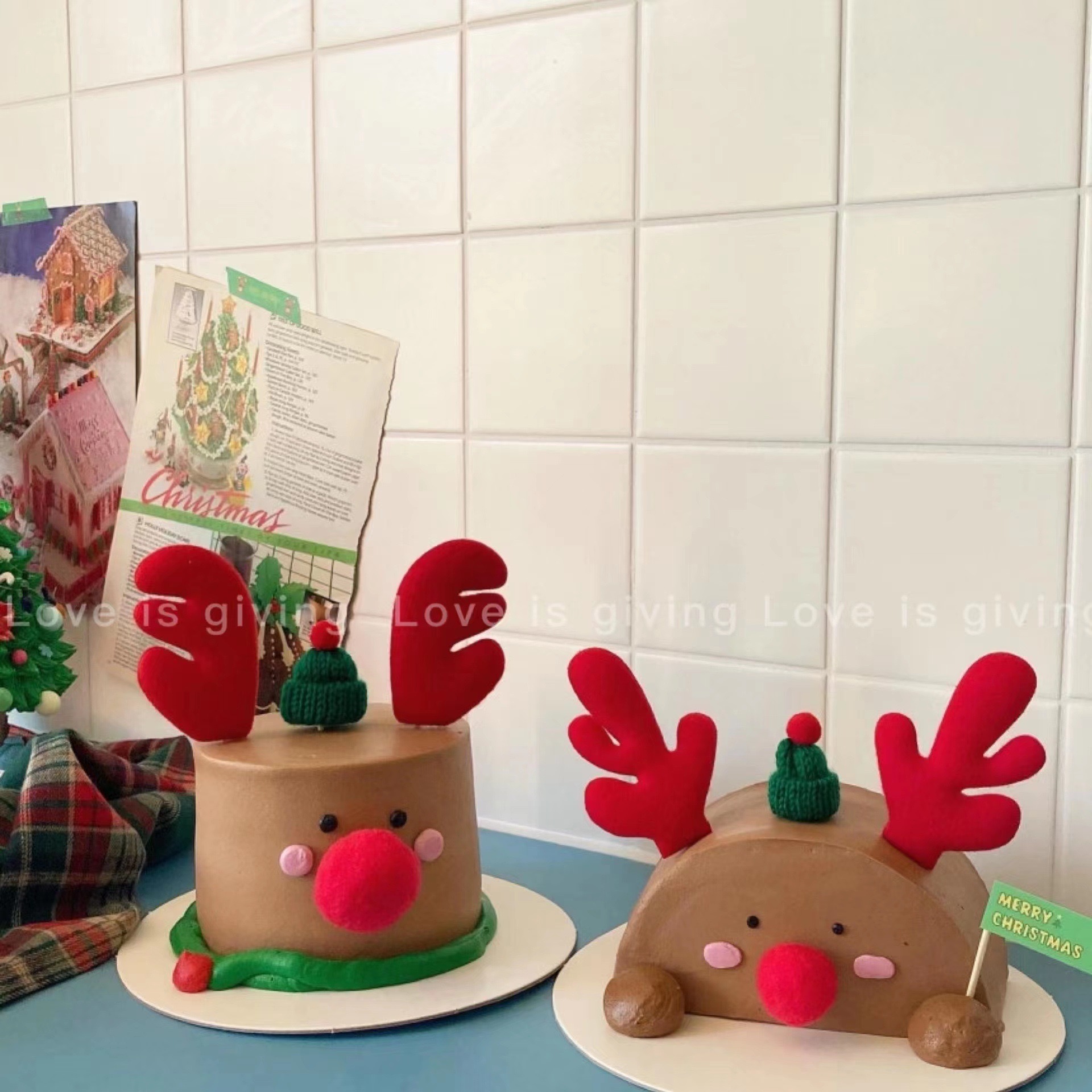 网红圣诞节蛋糕装饰小熊麋鹿角鼻子毛线帽子围巾圣诞帽插件插牌