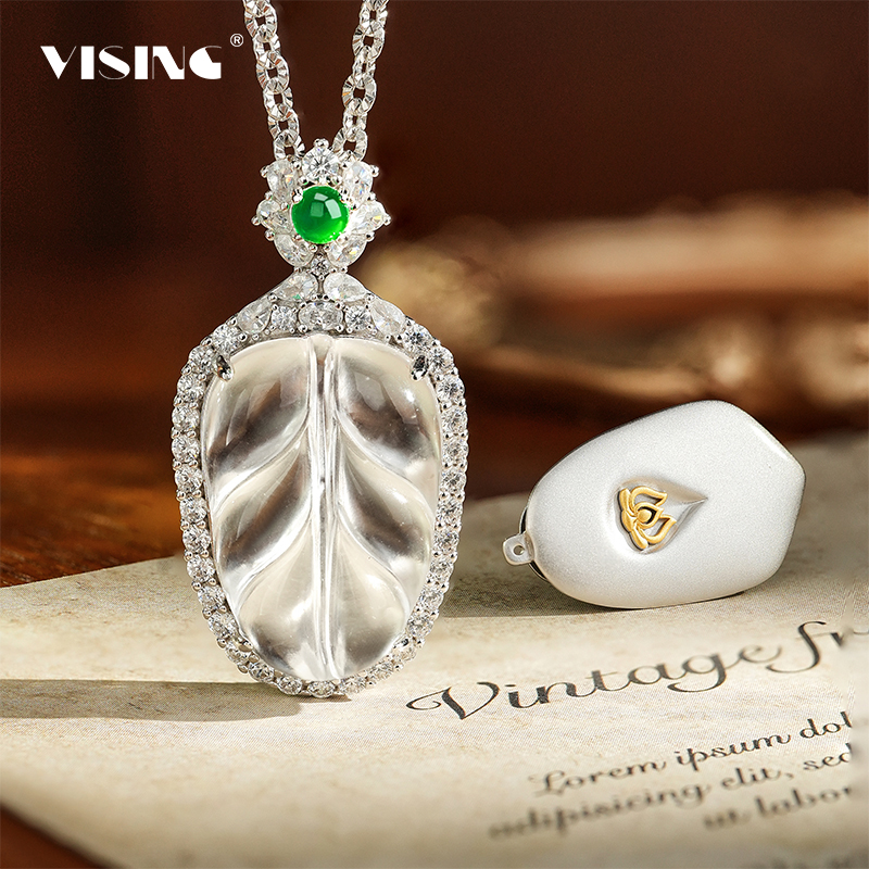 VISING珠宝天然玻璃种石英质玉水沫玉树叶吊坠项链国风媲美翡翠