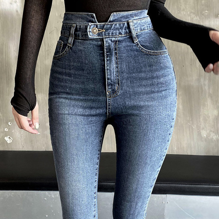韩国代购POCLAIN紧身弹力高腰设计感裤腰显瘦弹力牛仔裤4色长裤