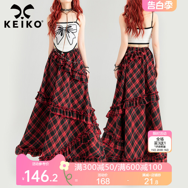 KEIKO 美式复古红色格纹半身长裙24夏季文艺松紧高腰A字大摆伞裙