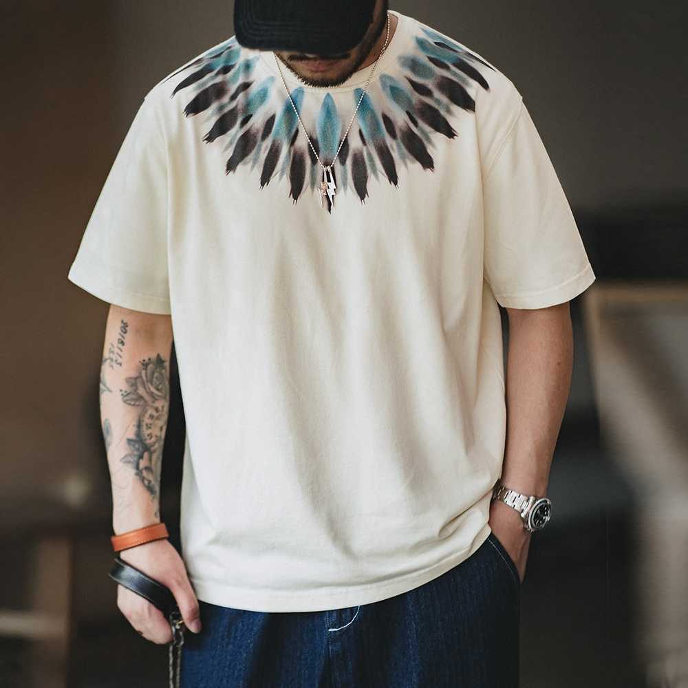 马登工装 美式复古重磅印第安羽毛印花短袖做旧宽松民族风T恤男夏