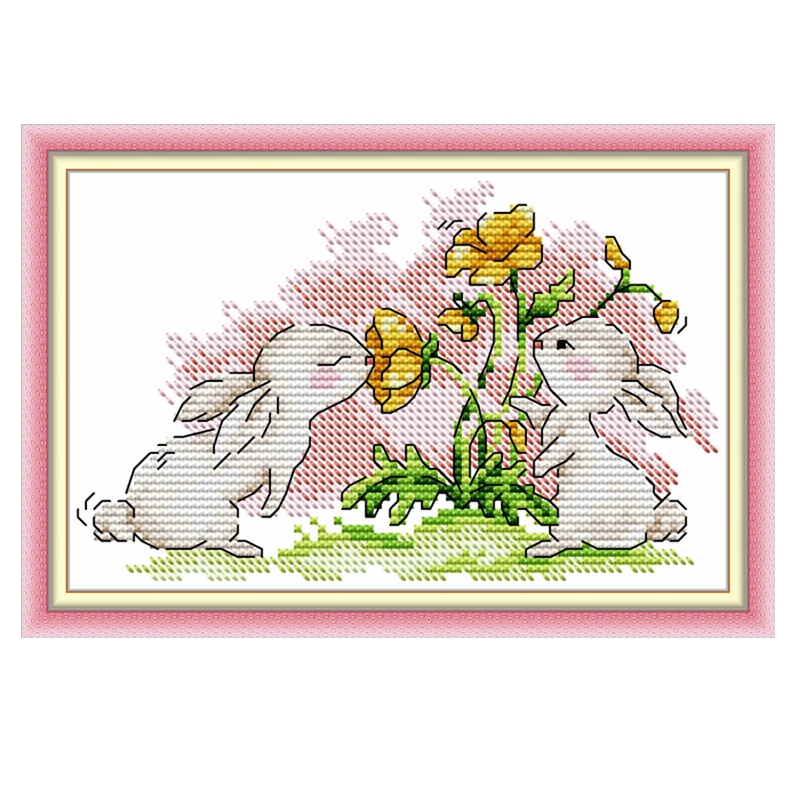 新款十字绣清晰印花布小幅简单卡通动漫可爱小动物兔子鲜花初学者