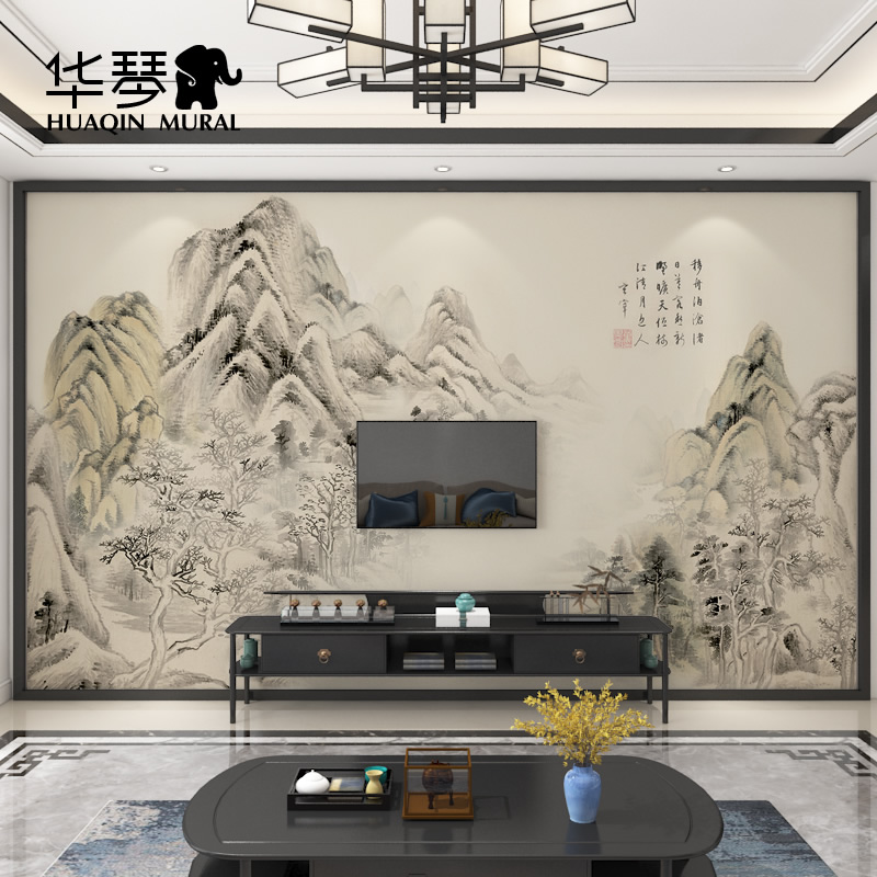 新中式古典水墨高山国画电视背景墙壁纸古风客厅沙发茶室墙纸墙布