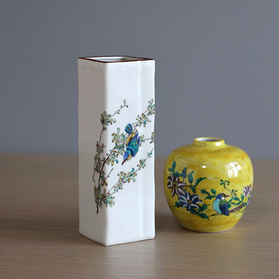 日本进口九谷烧樱花喜鹊吉祥小花器插花瓶桌面摆件装饰品暖房礼物