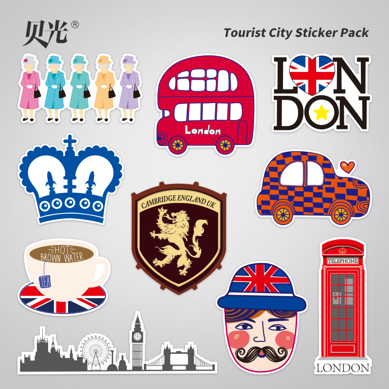 10枚英国伦敦元素地标旅行打卡城市标志建筑行李箱笔记本电脑贴纸