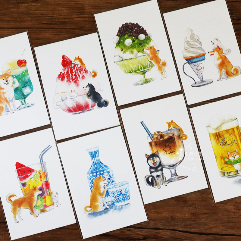 日本制夏日柴犬西瓜冰饮明信片创意生日文艺手写留言万用祝福卡片