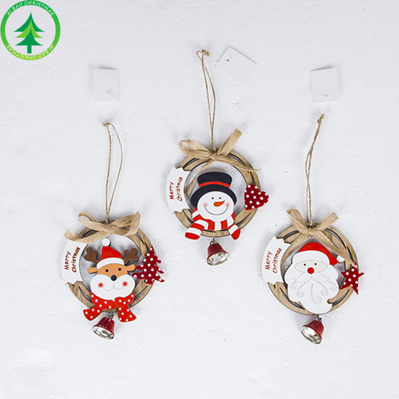 圣诞节快乐木圈铃铛挂饰装扮圣诞树用品卡通雪人麋鹿圣诞老人头像