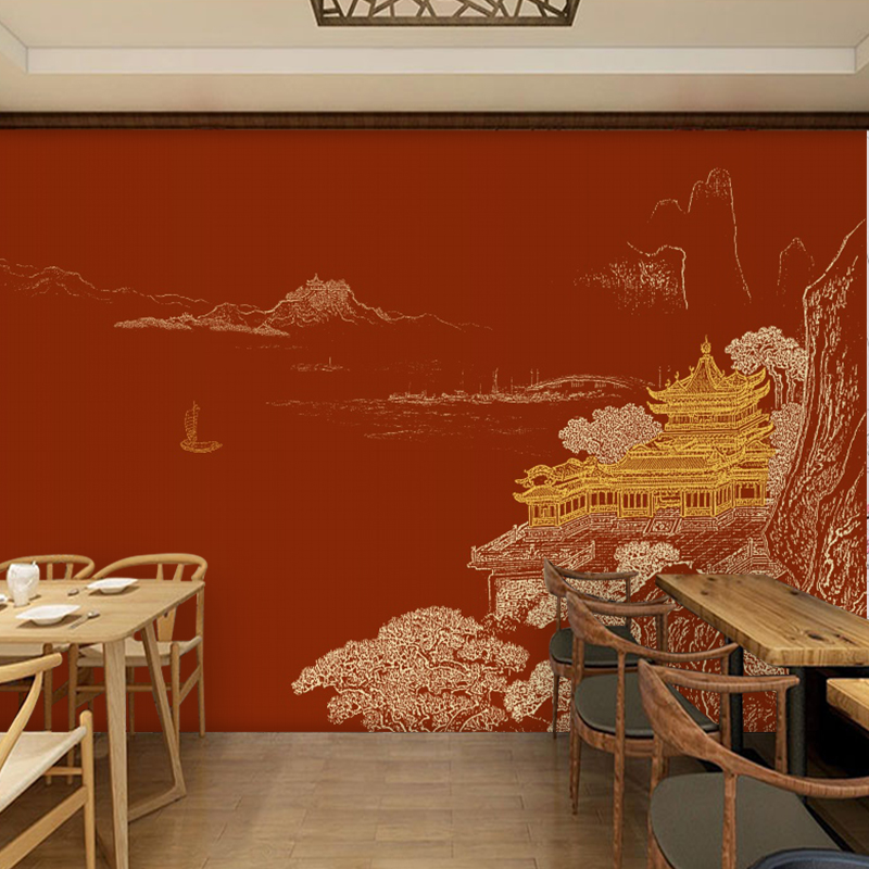 中式墙纸红色复古中国风包间背景墙壁画大气立体线描宫廷宫殿壁纸