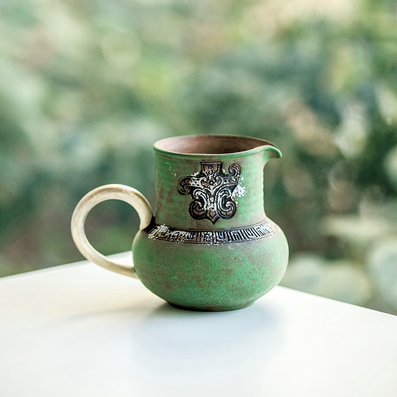 拓土老岩泥浅绿描银饕餮纹公道杯分茶器家用创意中式功夫茶具茶海