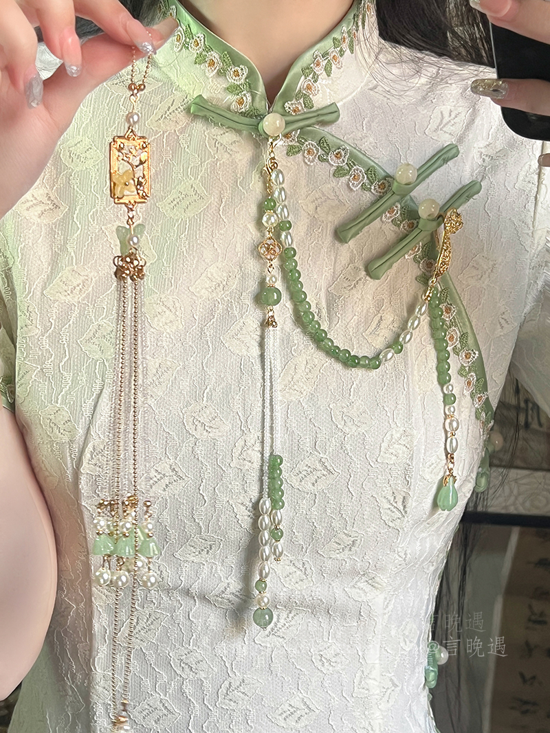 古风汉服旗袍压襟挂件绿色珍珠流苏新中式国风马面裙胸针配饰品