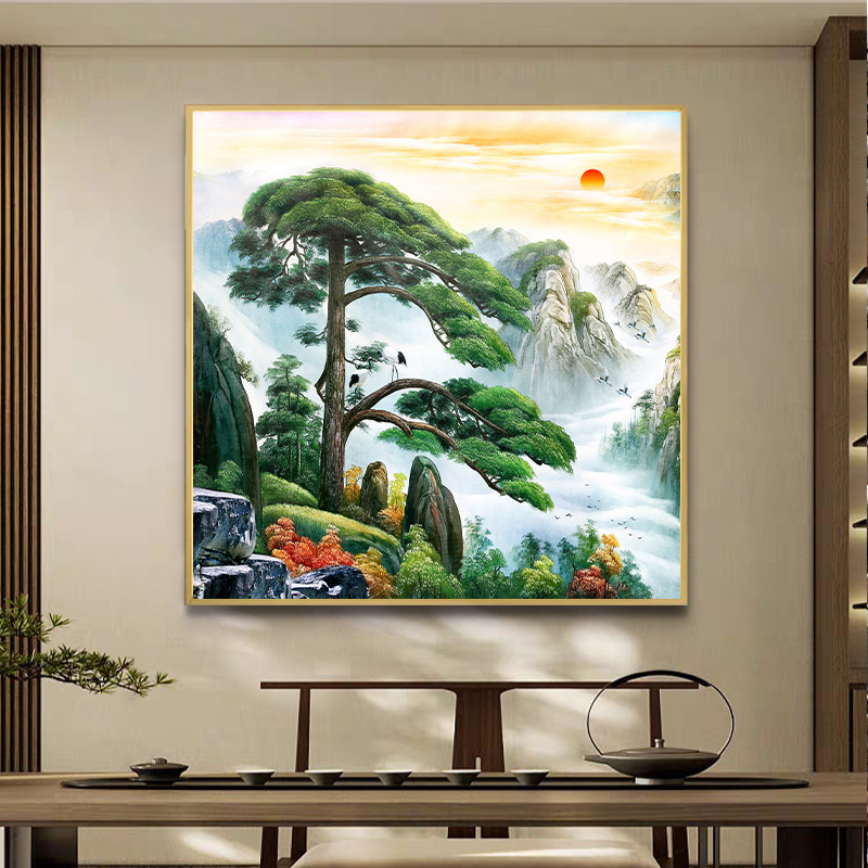 迎客松挂画绿水青山玄关装饰画办公室山水风景画中式客厅松树壁画