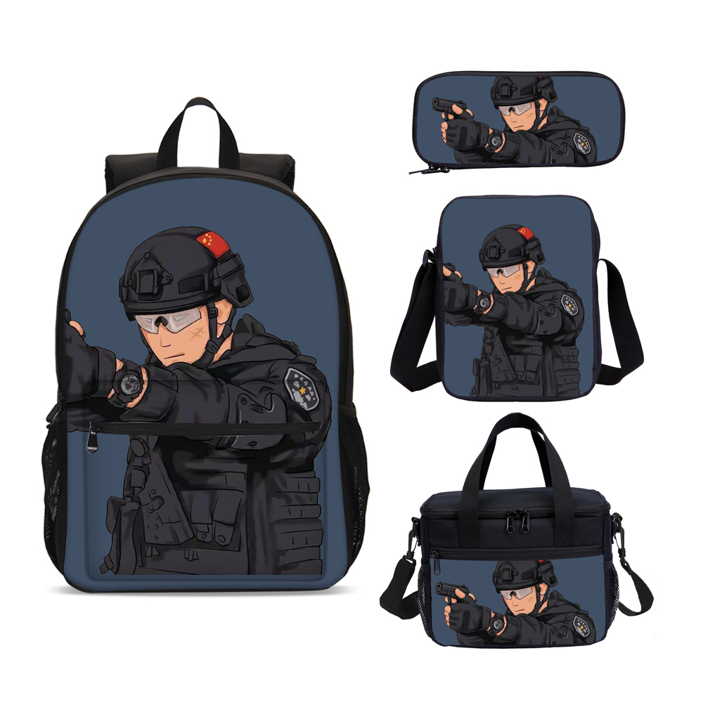 卡通特警小学生书包儿童双肩包超酷的警察背包饭盒包斜挎包铅笔袋