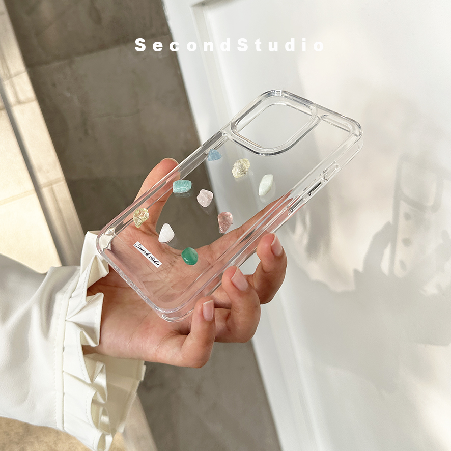 原创小众天然水晶石iPhone14promax透明壳15创意设计13小石头艺术苹果15pro简约高级感12防滑13pro手机壳