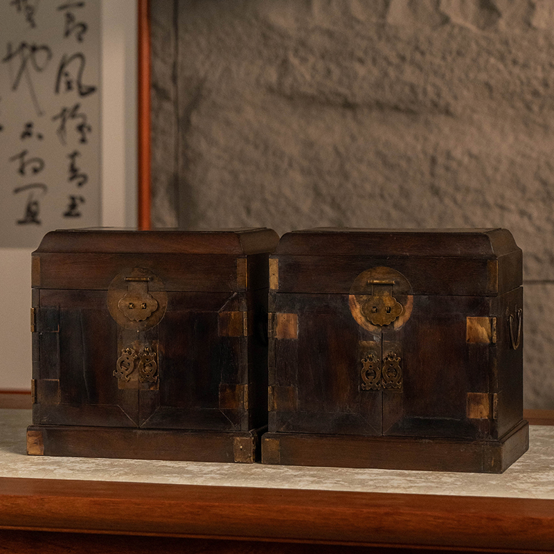 清代红木盝顶官皮箱（一对）古玩古董摆件收藏老红木文房箱储物箱